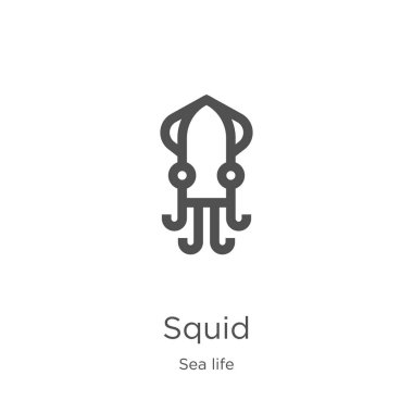 deniz yaşamı koleksiyonundan kalamar simgesi vektör. İnce çizgi kalamar anahat simgesi vektör illüstrasyon. Anahat, web sitesi tasarımı ve mobil, uygulama geliştirme için ince çizgi kalamar simgesi.