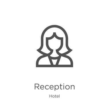otel koleksiyonundan resepsiyon simgesi vektör. İnce çizgi alımı anahat simgesi vektör çizimi. Anahat, web sitesi tasarımı ve mobil, uygulama geliştirme için ince hat alım simgesi.