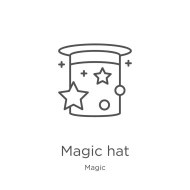 sihirli koleksiyonundan sihirli şapka simgesi vektör. İnce çizgi sihirli şapka anahat simgesi vektör illüstrasyon. Anahat, web sitesi tasarımı ve mobil için ince çizgi sihirli şapka simgesi, uygulama geliştirme.