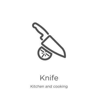 mutfak ve pişirme koleksiyonundan bıçak simgesi vektör. İnce çizgi bıçak anahat simgesi vektör illüstrasyon. Anahat, web sitesi tasarımı ve mobil için ince çizgi bıçak simgesi, uygulama geliştirme.