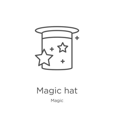 sihirli koleksiyonundan sihirli şapka simgesi vektör. İnce çizgi sihirli şapka anahat simgesi vektör illüstrasyon. Anahat, web sitesi tasarımı ve mobil için ince çizgi sihirli şapka simgesi, uygulama geliştirme.