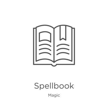sihirli koleksiyonundan spellbook simgesi vektör. İnce çizgi yazım defteri anahat simgesi vektör çizimi. Anahat, web sitesi tasarımı ve mobil, uygulama geliştirme için ince satır yazım kitabı simgesi.