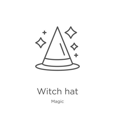 Sihir koleksiyonundan cadı şapkası ikonu vektörü. İnce çizgi cadı şapkası ana hatlı ikon vektör çizimi. Web sitesi tasarımı ve mobil uygulama geliştirme için ince çizgi cadı şapkası simgesi.