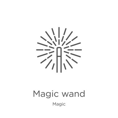 sihirli koleksiyonundan sihirli değnek simgesi vektör. İnce çizgi sihirli değnek anahat simgesi vektör illüstrasyon. Anahat, web sitesi tasarımı ve mobil, uygulama geliştirme için ince çizgi sihirli değnek simgesi.