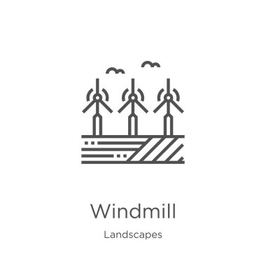 Peyzaj koleksiyonundan yel değirmeni ikonu taşıyıcısı. İnce çizgili yel değirmeni ana hatları ikon vektör çizimi. Web sitesi tasarımı ve mobil, uygulama geliştirme için ince çizgili yel değirmeni simgesi.