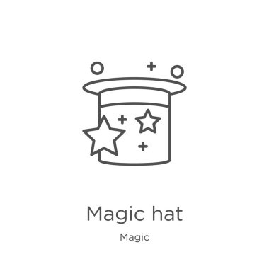 sihirli koleksiyonundan sihirli şapka simgesi vektör. İnce çizgi sihirli şapka anahat simgesi vektör illüstrasyon. Anahat, web sitesi tasarımı ve mobil için ince çizgi sihirli şapka simgesi, uygulama geliştirme.