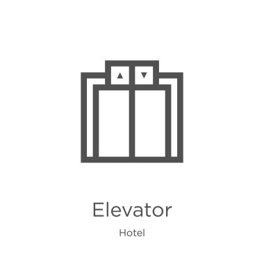 otel koleksiyonundan asansör simgesi vektör. İnce çizgi asansör anahat simgesi vektör illüstrasyon. Anahat, web sitesi tasarımı ve mobil için ince hat asansör simgesi, uygulama geliştirme.