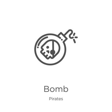 korsanlar koleksiyonundan bomba simgesi vektör. İnce çizgi bomba anahat simgesi vektör çizimi. Anahat, web sitesi tasarımı ve mobil için ince hat bomba simgesi, uygulama geliştirme.