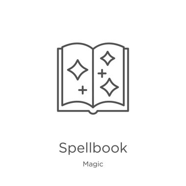 sihirli koleksiyonundan spellbook simgesi vektör. İnce çizgi yazım defteri anahat simgesi vektör çizimi. Anahat, web sitesi tasarımı ve mobil, uygulama geliştirme için ince satır yazım kitabı simgesi.