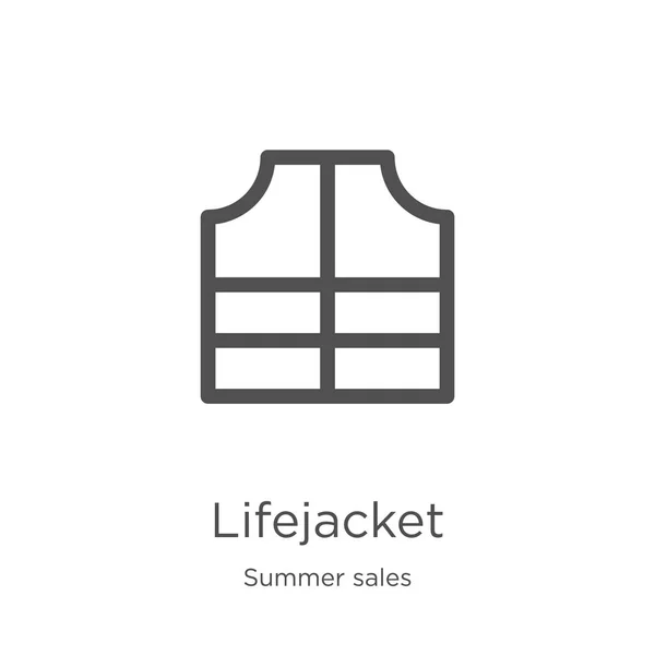 夏の販売コレクションからライフジャケットアイコンベクトル。細い線のライフジャケットの輪郭アイコンベクトルイラスト。アウトライン、ウェブサイトのデザインとモバイル、アプリ開発のための細いラインライフジャケットアイコン. — ストックベクタ