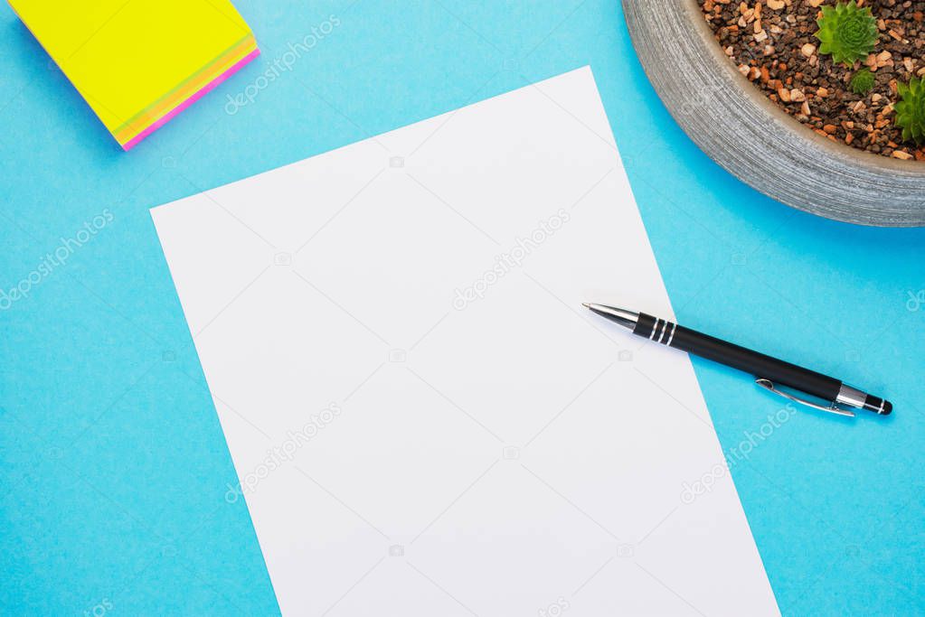 white empty paper with copy space on a blue background with a black pen, adhesive labels and a succulent plant