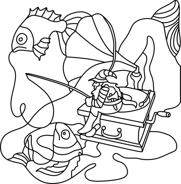 Balık Tutma Gramofon Üzerinde Oturan Cüce — Stok Vektör