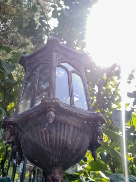 Old broken vintage street lamp stands on a green wood background