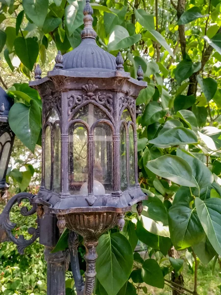 Antigua lámpara de calle vintage rota se levanta sobre un fondo de madera verde — Foto de Stock