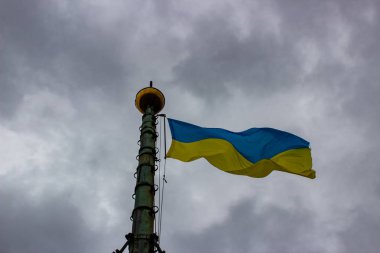 Ukrayna bayrağı bulut ile gri gökyüzü bir arka plan üzerinde sallayarak