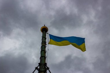 Ukrayna bayrağı bulut ile gri gökyüzü bir arka plan üzerinde sallayarak