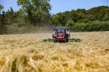 Hay Hasat Haziran 2020 İngiliz kırmızı traktörü, onu baltalamak için saman dönüyor, mavi gökyüzü güneşli bir gün. Güneş parlarken saman yap. Hampshire İngiltere