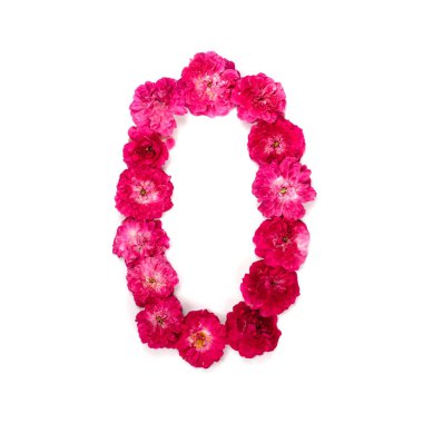 numara 0'dan bir kırmızı ve Pembe çiçeklerden gül beyaz zemin üzerinde. Tasarım için tipografik öğe. Çiçek numaraları, tarihi