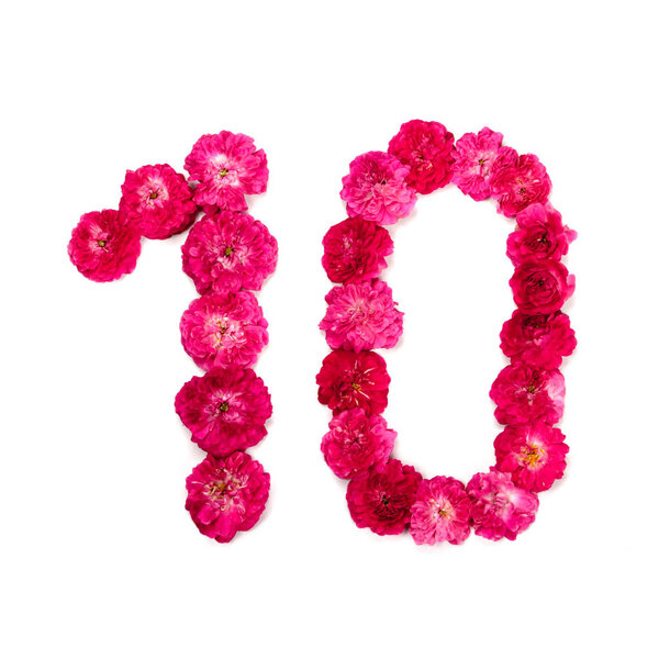 number 10 from flowers of a red and pink rose on a white background. Typographical element for design. Flower numbers, date, isolate, isolated