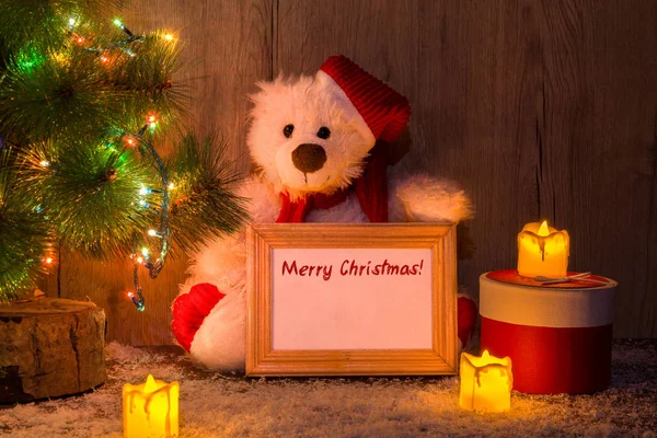 Nový Rok Vánoce Medvěd Sedící Pod Stromem Jedle Dřevěnou Kostru — Stock fotografie