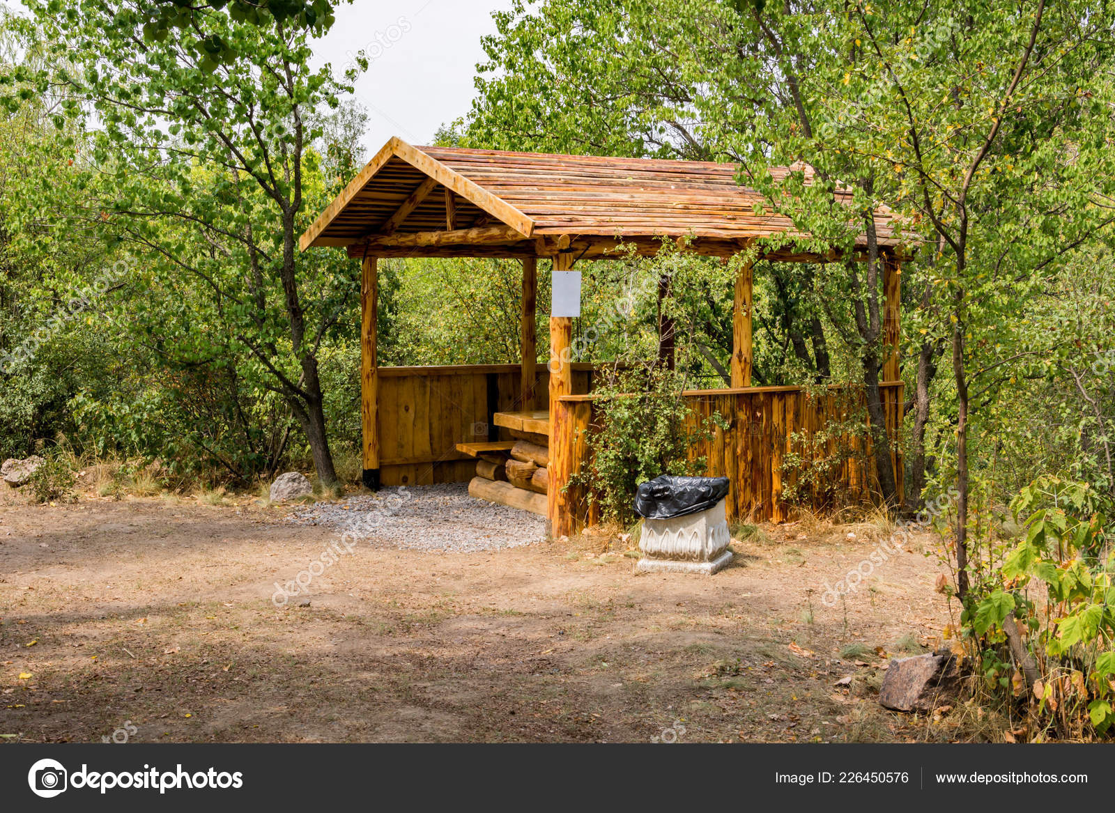 Open Gazebo Tree Trunk Benches Table Made Planks Outdoor