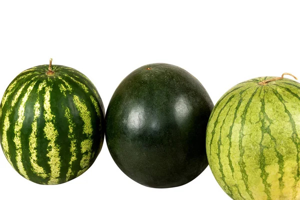 Three Watermelons Different Varieties Green Striped White Background Isolated View — Stock Photo, Image