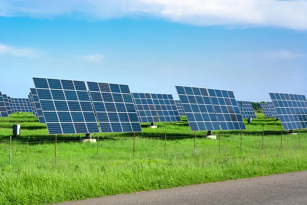 Solar station. Field with solar panels for the production of natural solar energy. Green electricity. Place for text, copy space, web banner, banner, advertisement.