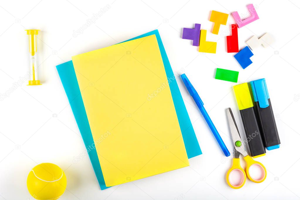 Back to school, school background for math .Notebook and textbook Mock up and stationery for school subjects, mathematics, on a white background. Isolated, Flat Lay, Copy space, top view, space for text.