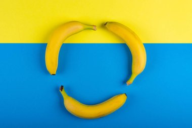 Olgun muz lar sarı-mavi bir arka plan üzerinde yakın çekim. Minimalizm, metin için alan, üst görünüm, Düz Lay, Kopyalama alanı.