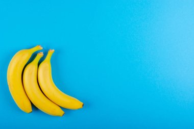 Olgun sarı muzlar mavi bir arka plan üzerinde yakın. Minimalizm, metin için alan, üst görünüm, Düz Lay, Kopyalama alanı.