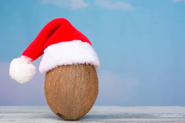 Kokos Klobouku Santa Clause Pozadí Modrého Nebe Pohled Zepředu Místo — Stock fotografie