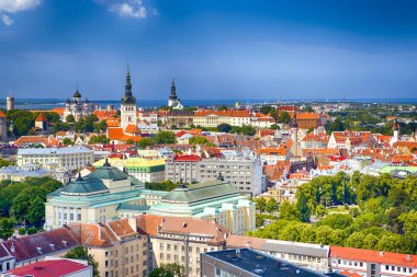 Panoramik ısmarlayarak Tallinn şehir Estonya Toompea tepede. Kapakları hatları, geleneksel kırmızı çatılar, Ortaçağ evleri, kuleleri, Katedrali ve kiliseler bağlantı noktası kısmi manzaralı vurdu. Yatay resim kompozisyon