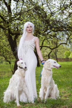 Uzun Beyaz Saçlı Kadın Elf Tazı Bir Çift Holding 