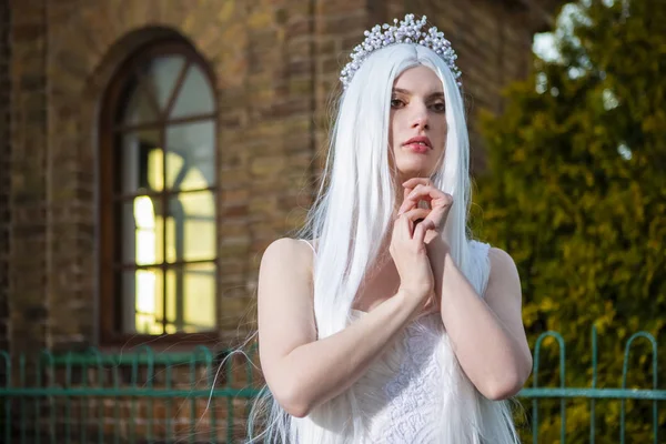 Sensual Relaxed Caucasian Bride with Tiara and Long White Hair P