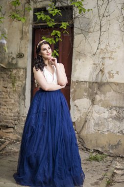 Uzun Mavi Elbise ve Taçlı Sakin Beyaz Bayan