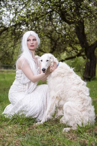 Sexy Long-Haired Elf Woman in White Dress Walking White Greyhound