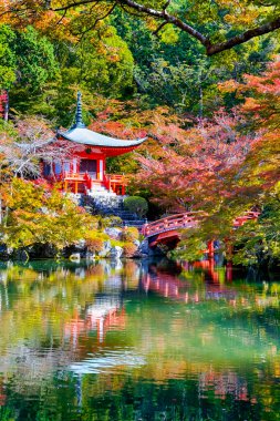 Japon mirası. Serene Famous Daigo-ji Tapınağı Japonya 'nın Kyoto şehrinde Güzel Kırmızı Akçaağaç Sonbahar sezonunda. Foregorund 'daki Pond Reflections ile. Dikey Resim