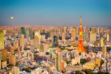 Japon Seyahat Uçurumları. Japonya 'da Blue Hour' da Tokyo Skyline 'da nefes kesici Tokyo Tower' da. Yatay Resim Yönlendirmesi