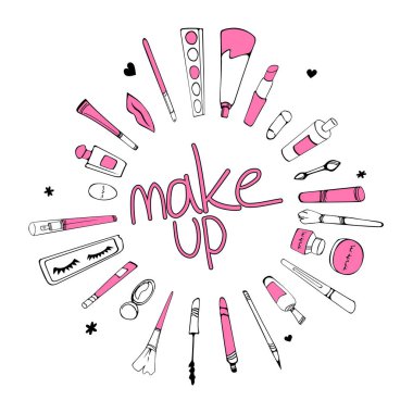 kozmetik makyaj seti Illustration, çerçeve makyaj yazıt, moda makyaj afiş vektör