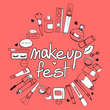 kozmetik makyaj seti Illustration, çerçeve makyaj yazıt, moda makyaj afiş vektör