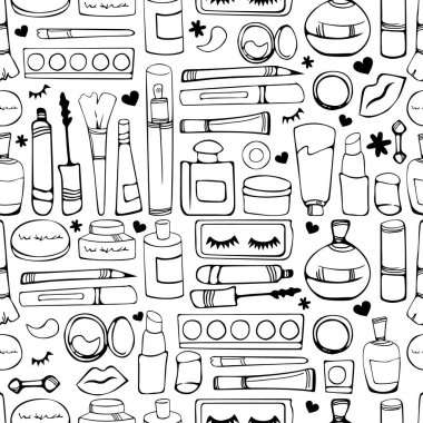 kozmetik dikişsiz arka plan makyaj seti illüstrasyon: parfüm, maskara, ruj, göz farı, losyon, kalem ve daha fazlası