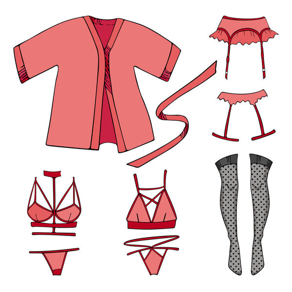 set of red women's underwear and polka-dot stockings, underwear set, lingerie, Vector illustration. Set of women's underwear, Set with ladies underwear