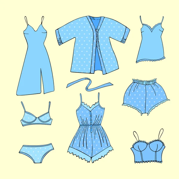 Gyűjtemény Pizsama Készlet Ruhák Otthon Kék Árnyalatai Illusztrációja Pizsama Ruhák — Stock Vector