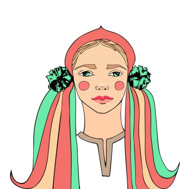 Rus güzellik karakteri, ulusal başlık ve saçlarında kurdeleler sevimli kız