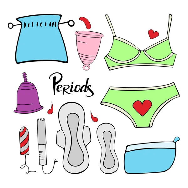 Set Van Dingen Voor Vrouwelijke Hygiëne Lingerie Pads Tampons Menstruele — Stockvector