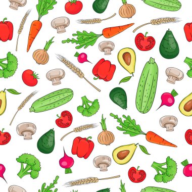 dikişsiz arka plan, desen sebze: havuç, domates, brokoli, soğan, kabak, biber, turp, buğday, avokado