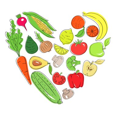 bir kalp şeklinde sebze ve meyve seti. Hasat Festivali için kartpostal.