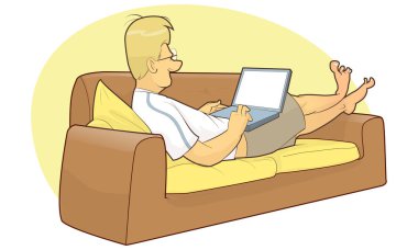 Freelancer adam, evden çalışır, kanepede oturur. Karikatür tarzında düz vektör illüstrasyon.
