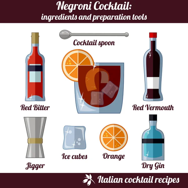 Un cocktail Negroni. Ensemble infographique d'éléments isolés sur fond blanc — Image vectorielle