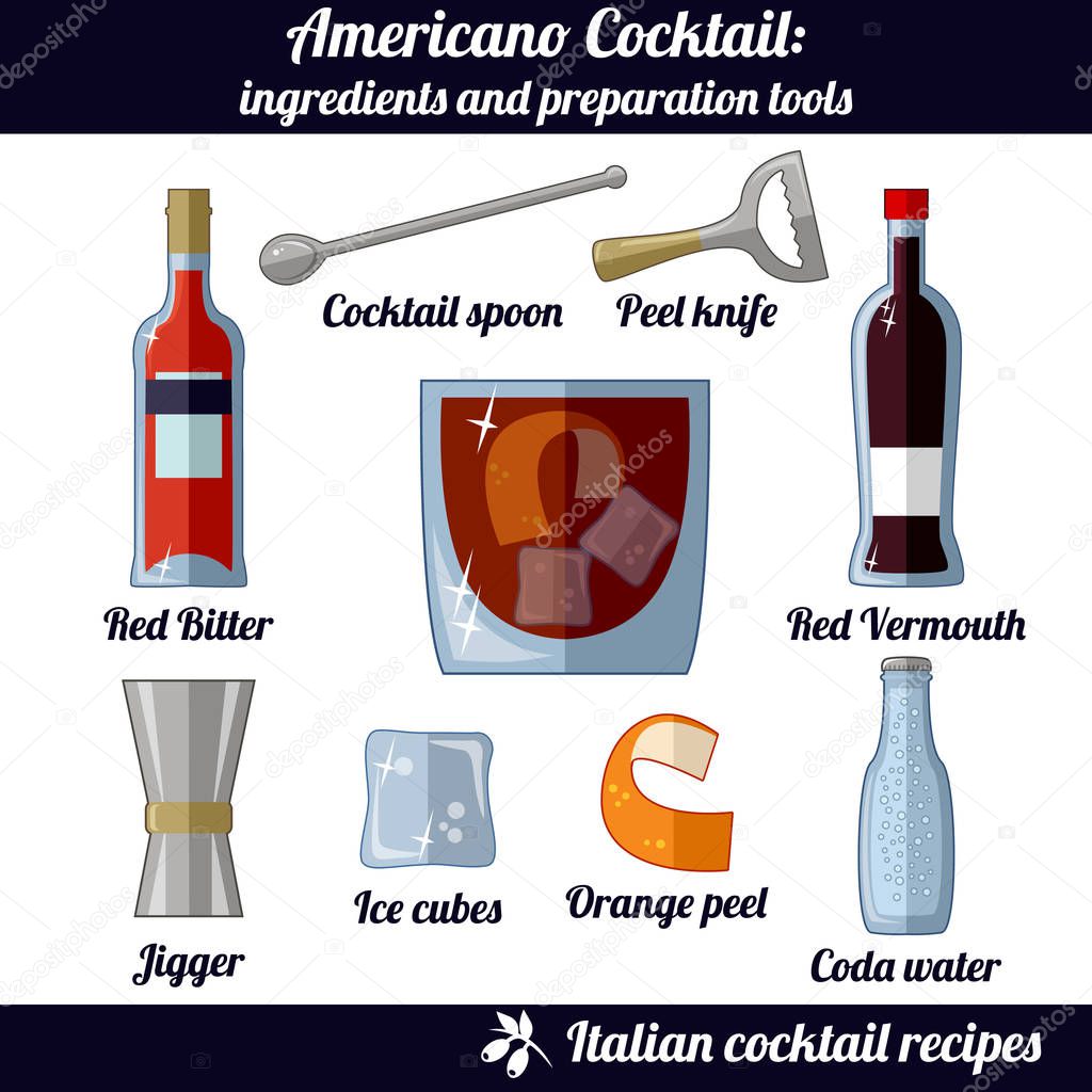 Americano cocktail. Infographic set of isolated elements on white background
